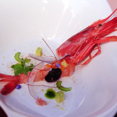 Ceviche de Gamba Roja de Dénia con agua de maíz y polvo de melba de sepia